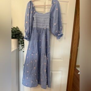 Light Blue Embroidered Puff Sleeve Maxi Dress womens size Large